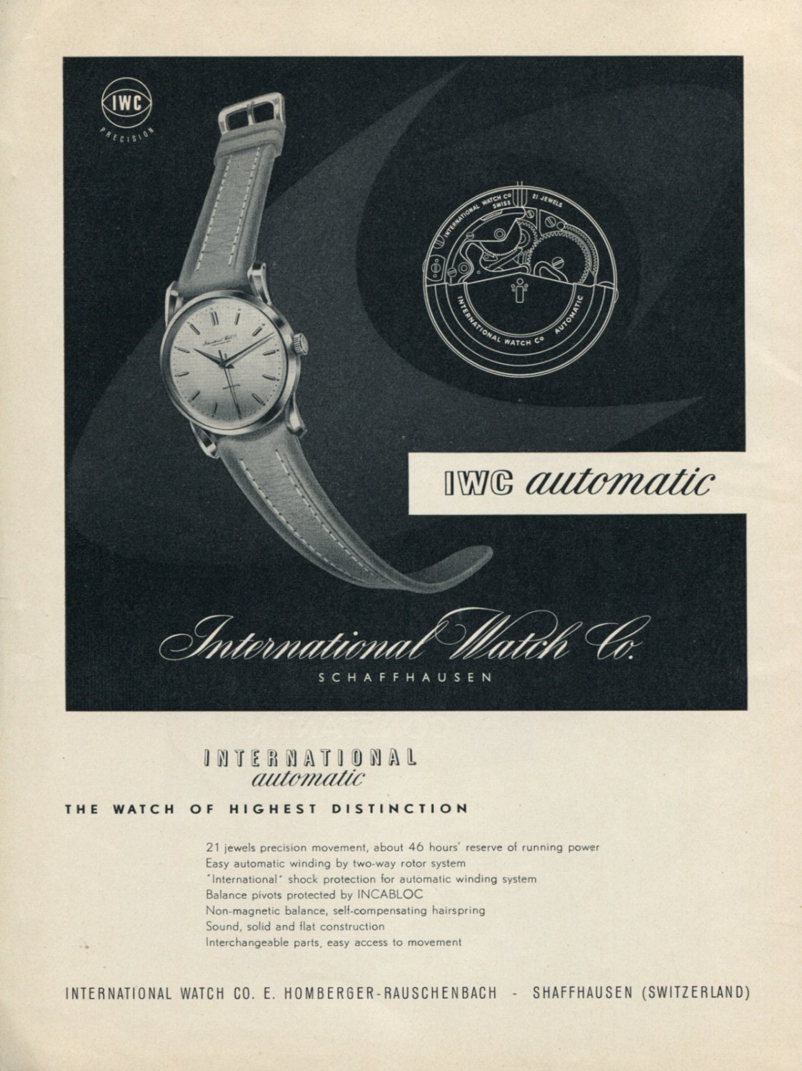 1952 IWC International Watch Company Switzerland Vintage 1952 Swiss Ad Advert Suisse Schweiz Suiza
