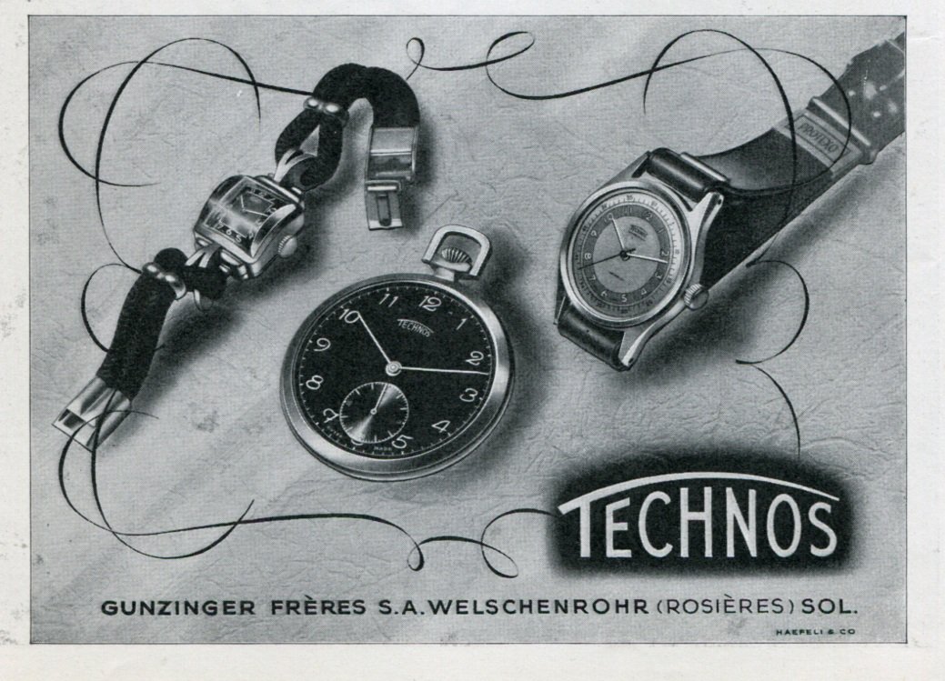 1946 Technos Watch Company Gunzinger Freres SA Switzerland Vintage 1946 Swiss Ad Advert Suisse