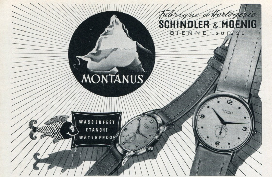 1953 Montanus Watch Company Schindler & Moenig Switzerland Vintage 1953 Swiss Ad Advert Suisse Suiza