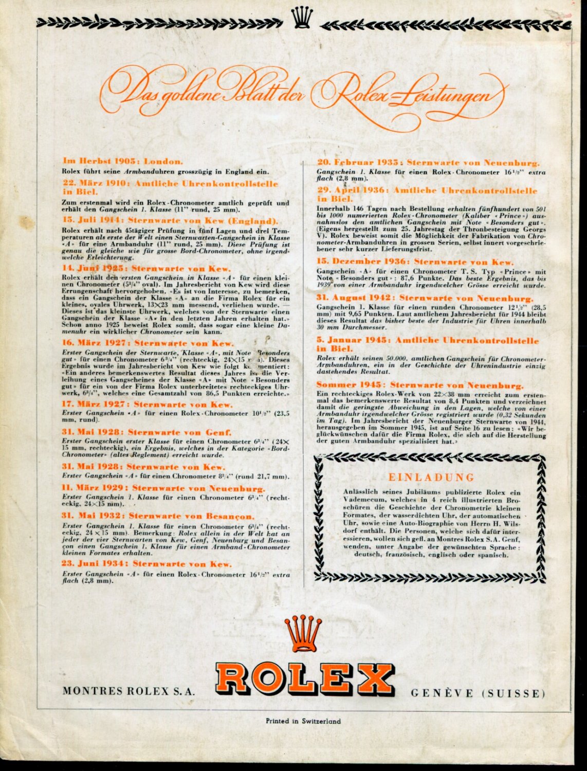 1946 Rolex Watch Company Das goldene Blatt der Rolex Leistungen Swiss Print Ad
