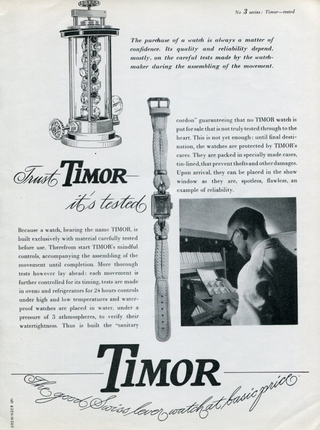 1947 Timor Watch Company Trust Timor It's Tested Ad Advert Vintage 1947 Swiss Ad Suisse Suiza