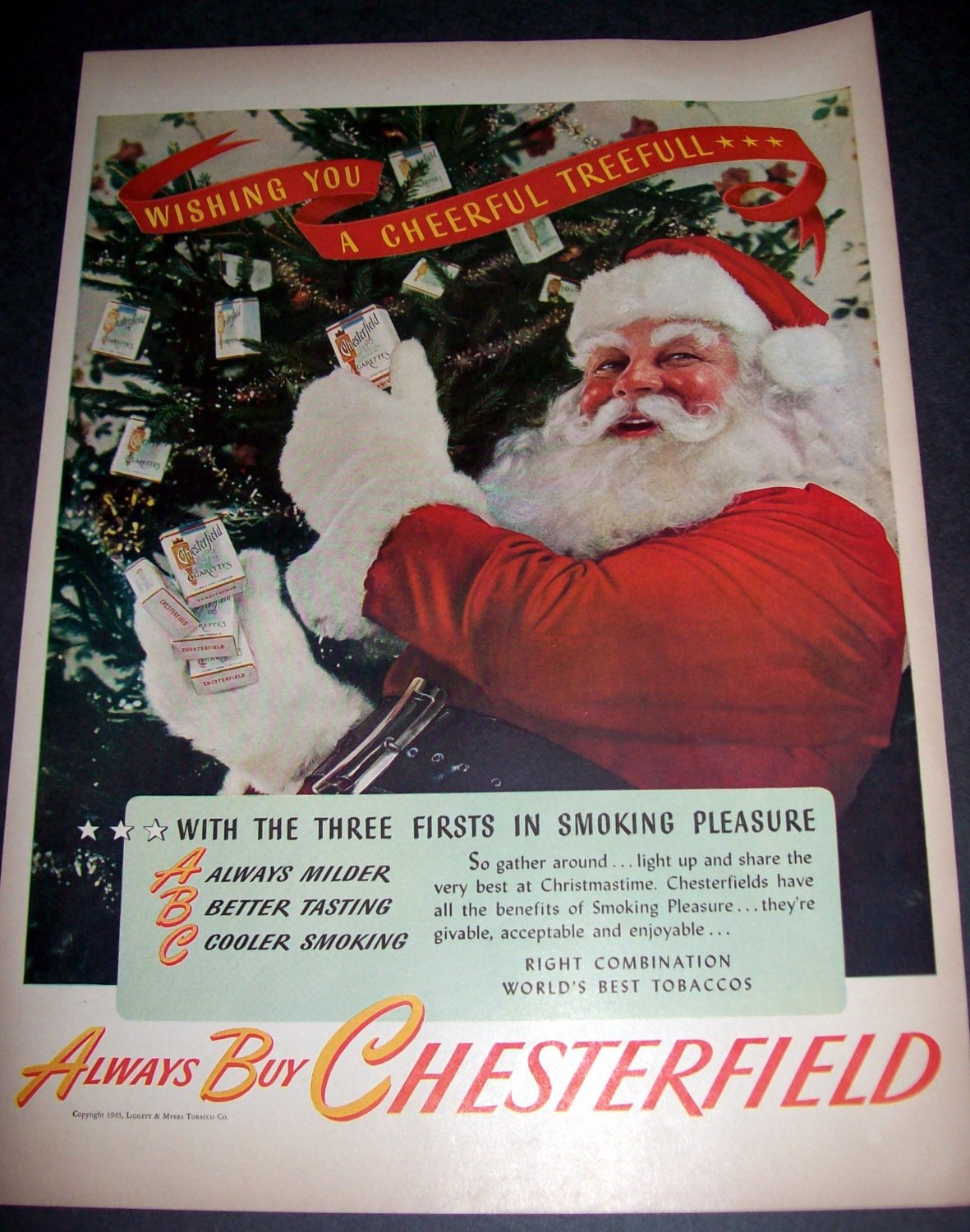 Original 1945 Santa Chesterfield Cigarettes Christmas Vintage 1940's Holiday Advert  Liggett & Myers