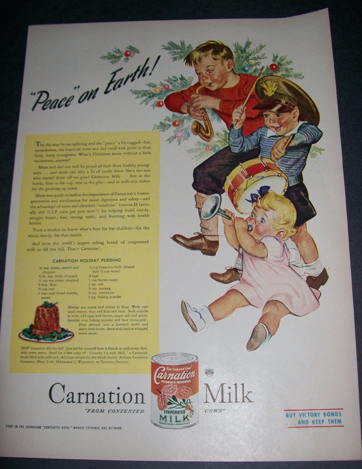 Original 1945 Carnation Milk Peace On Earth Christmas Ad Vintage 1940's 