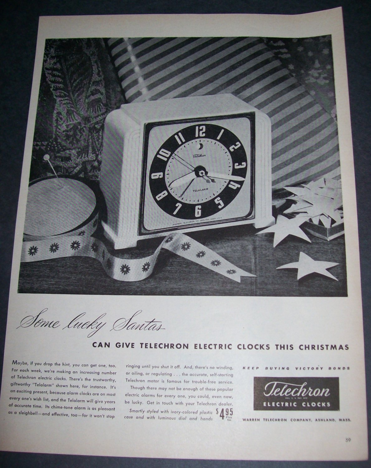 Original 1945 Ad Telechron Clock Christmas Ad Magazine Advert Warren Telechron Company 1940's