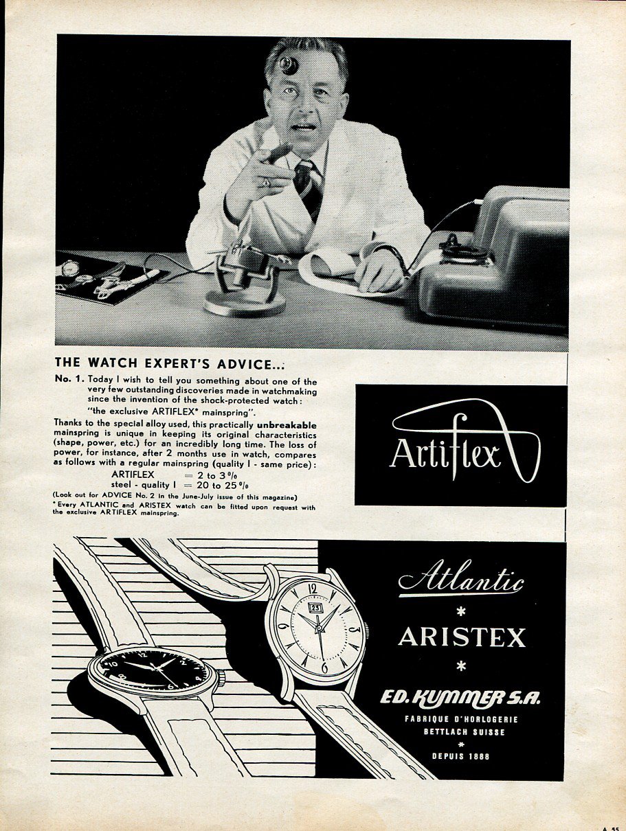 Original 1954 Ed Kummer SA Atlantic Watch Company Aristex 1950's Swiss Ad Publicite Suisse