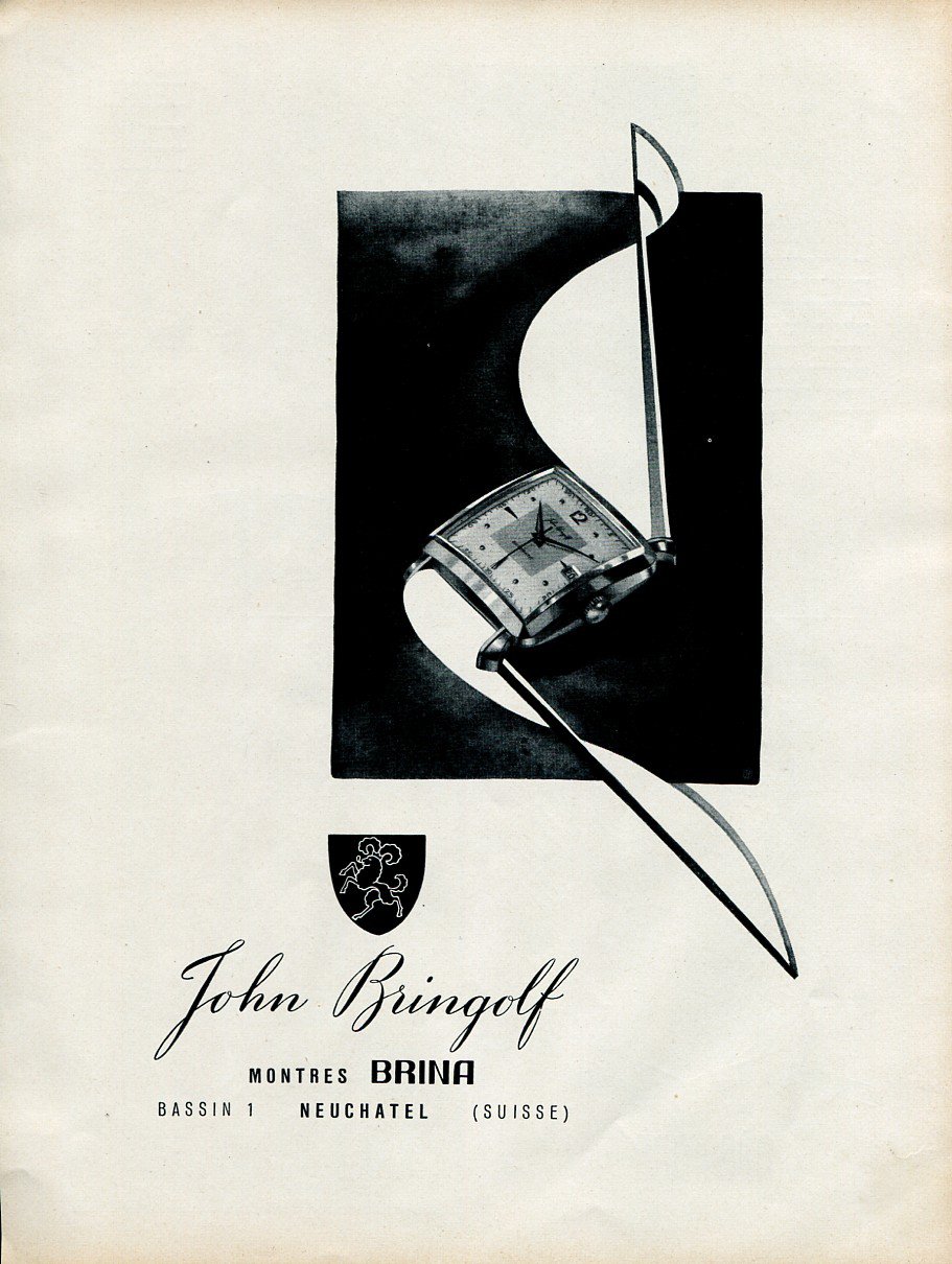 Original 1954 John Bringolf Watch Company Montres Brina Swiss Print Ad Publicite Suisse