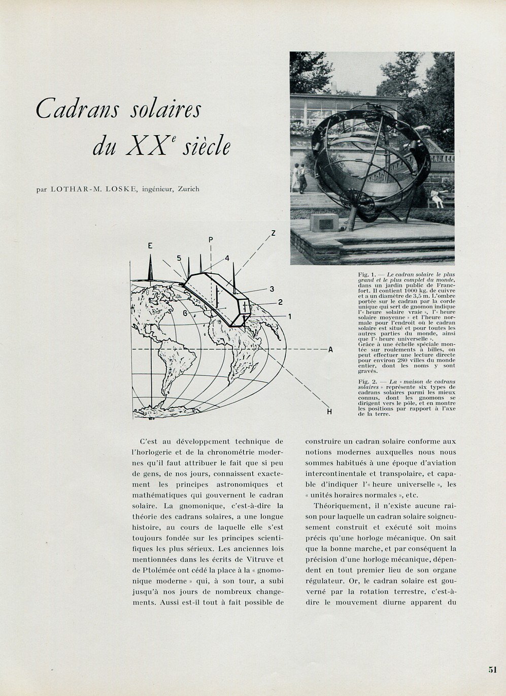 Cadrans Solaires du XXe Siecle by Lothar M Loske 1956 Swiss Magazine Article Suisse Horlogerie