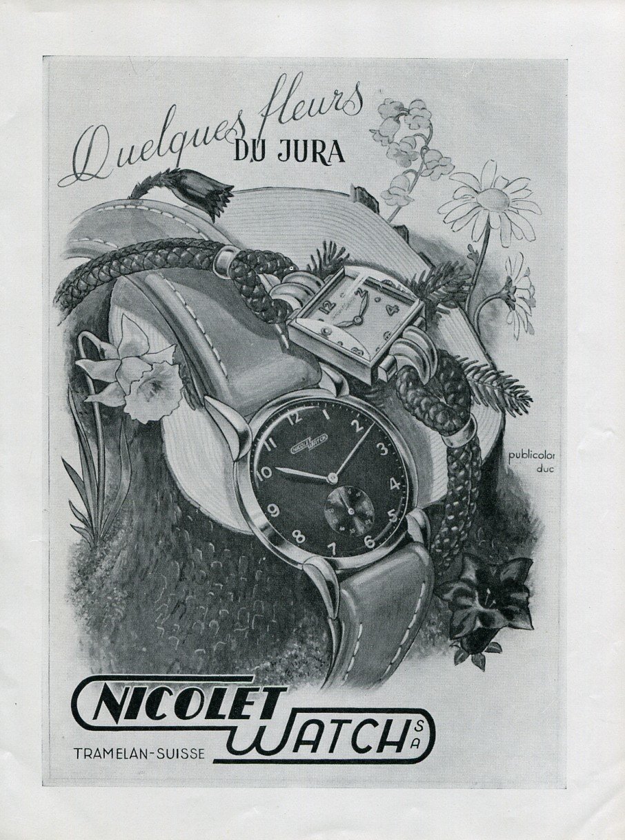 1948 Nicolet Watch Company Switzerland Original 1940's Swiss Print Ad Publicite Suisse