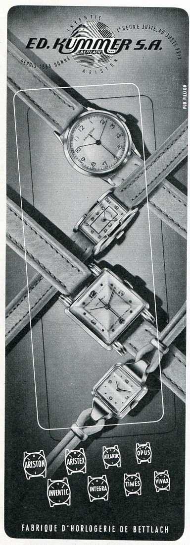 Original 1948 Ed Kummer SA Atlantic Aristex Watch Co 1940's Swiss Print Ad Publicite Suisse Montres