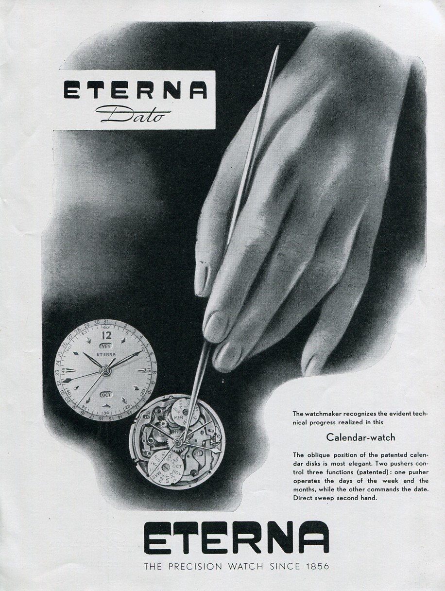 Original 1949 Eterna Watch Company Switzerland 1940s Swiss Print Ad Publicite Suisse Eterna Dato
