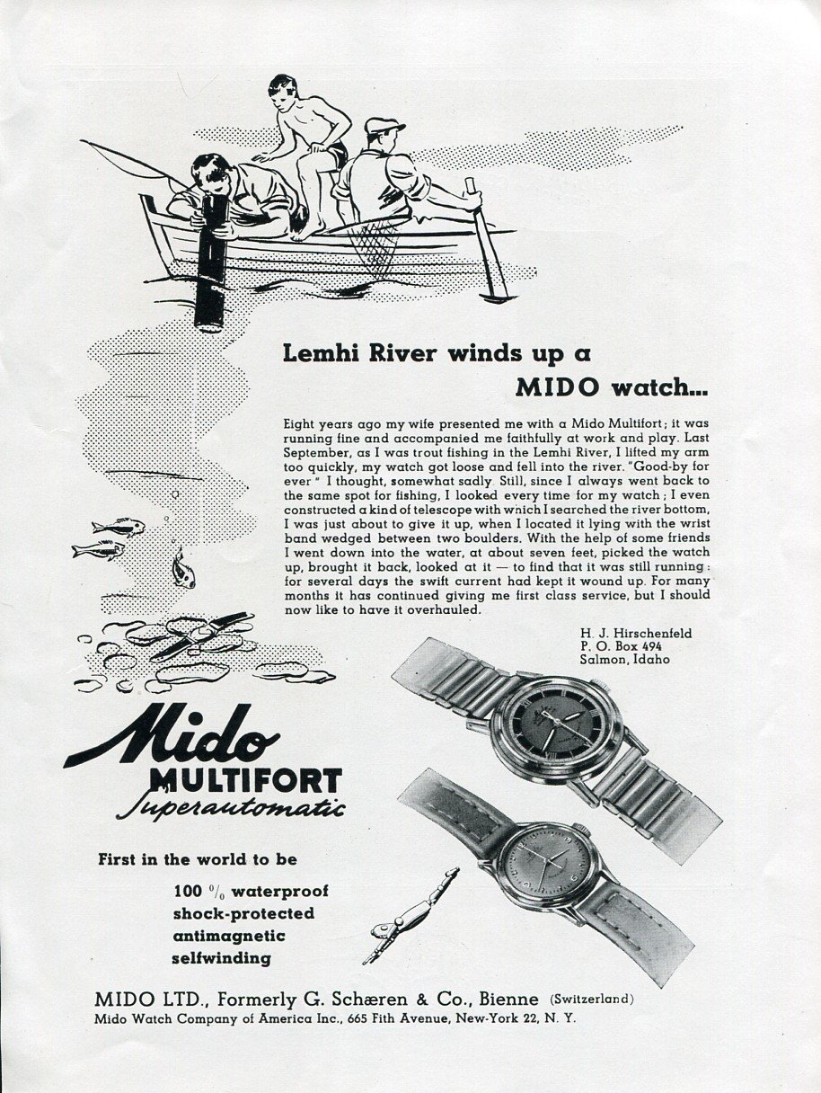Original 1949 Mido Watch Co Switzerland Lemhi River Idaho Swiss Print Ad Suisse G. Schaeren & Co