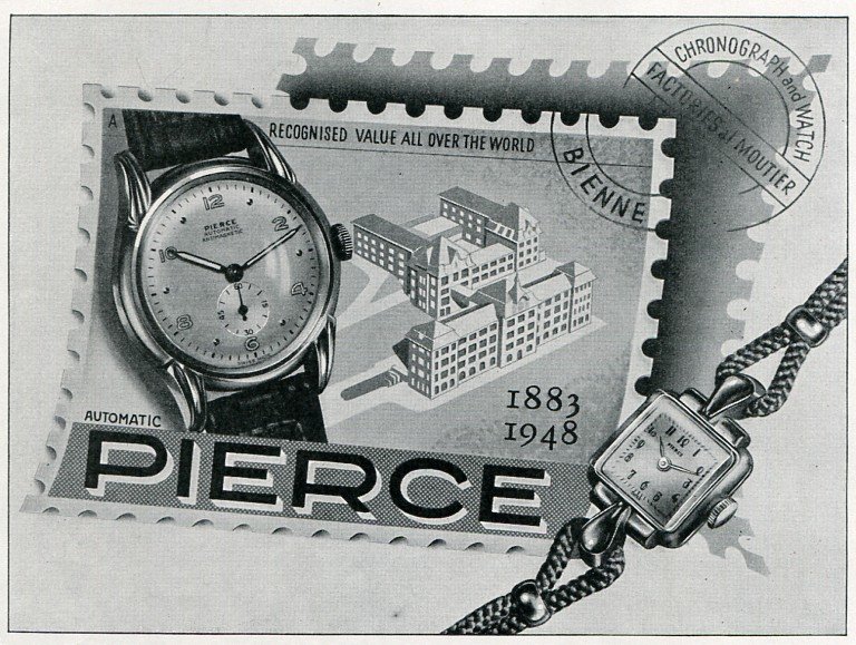 1949 Pierce Watch Company Switzerland Original 1940's Swiss Print Ad Publicite Suisse Montres