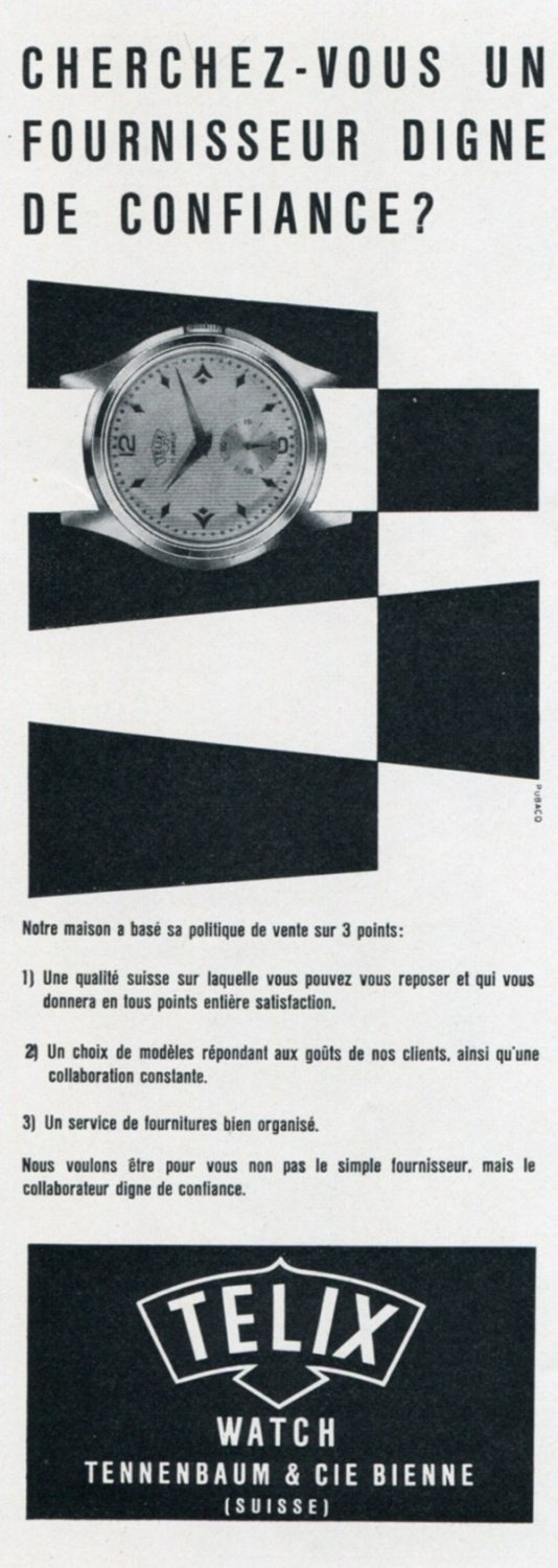 Vintage 1956 Telix Watch Company Tennenbaum & Cie Switzerland Swiss Print Ad Publicite Suisse