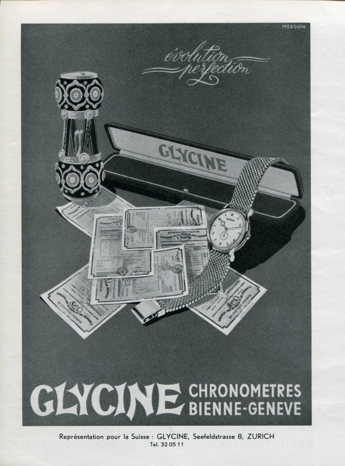 1946 Glycine Watch Company Evolution Perfection 1940's Swiss Ad Publicite Suisse Montres Suiza
