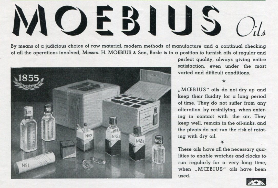 1940 Moebius Oils Ad Swiss Print Ad Advert Publicite Suisse H Moebius & Son Horology