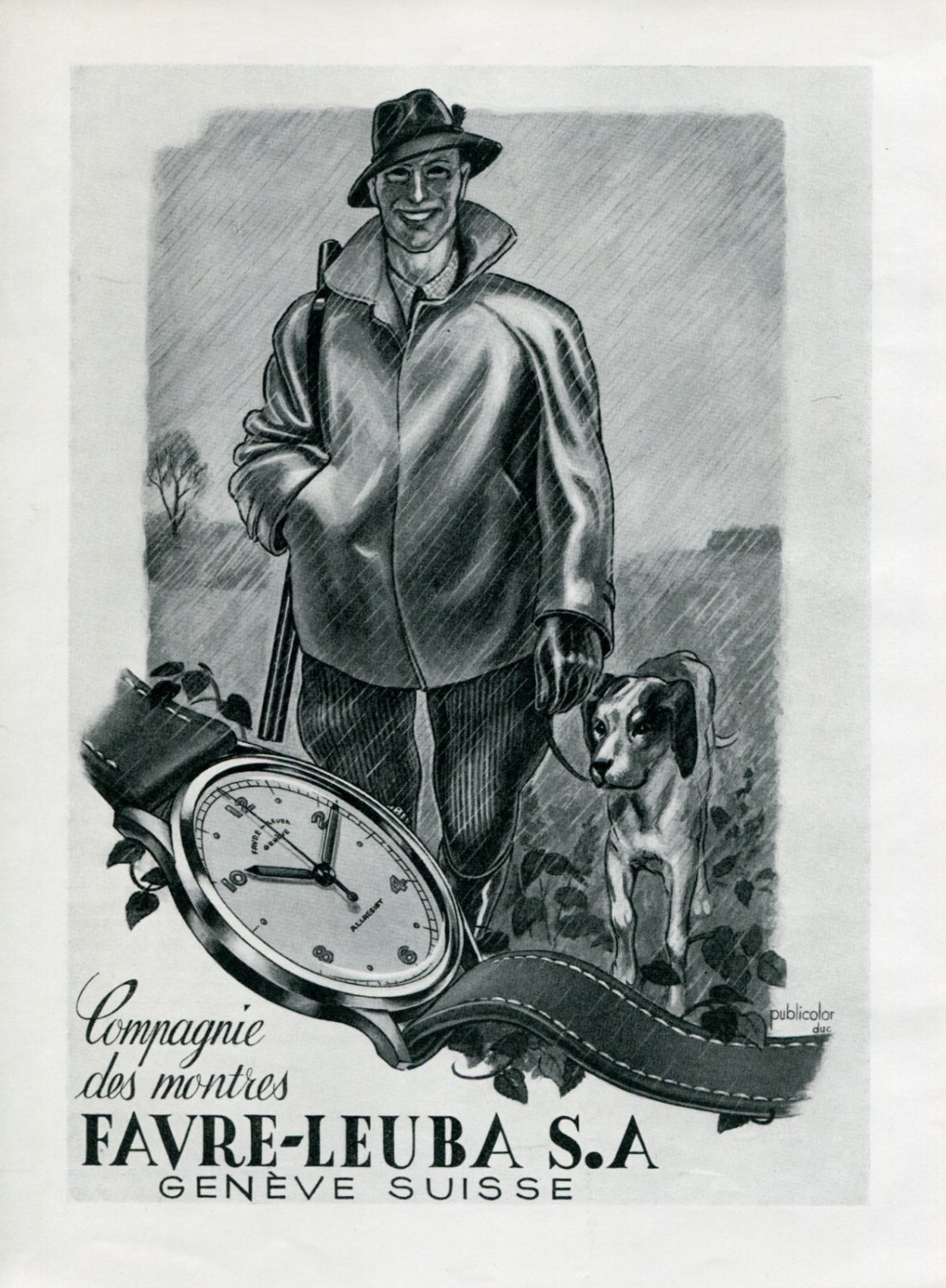 Vintage 1945 Favre-Leuba S.A. Hunter Dog 1940's Suisse Print Ad Publicite Suisse Schweiz