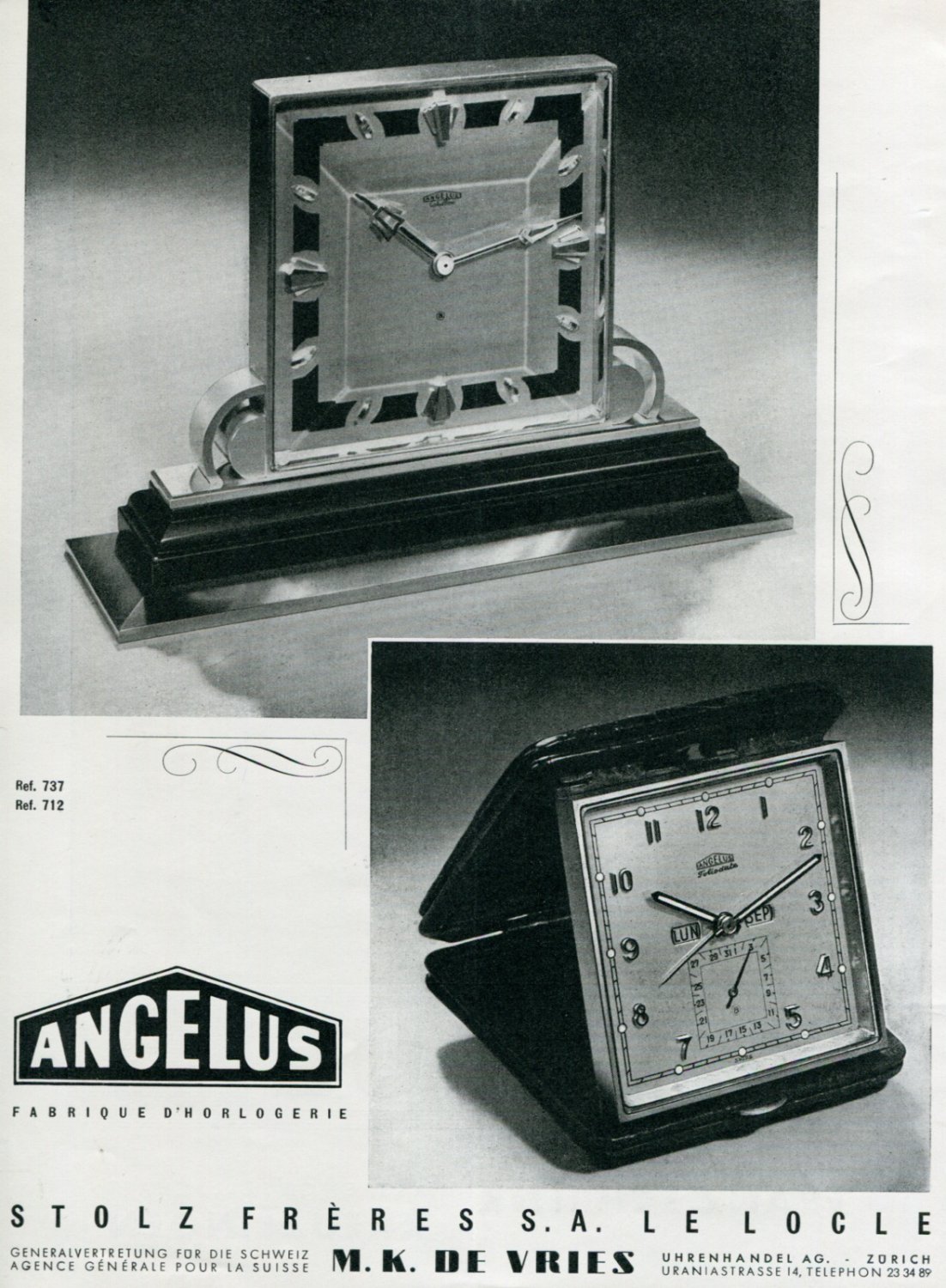 1945 Angelus Stolz Freres SA Fabrique d'Horlogerie Swiss Print Ad Advert Publicite Suisse
