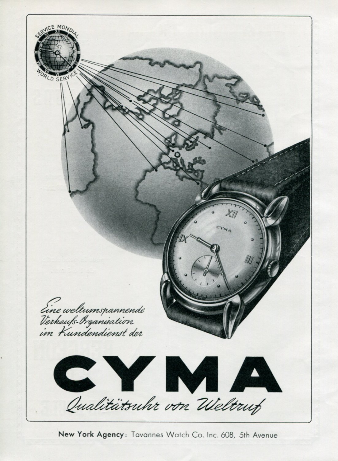 1945 Cyma Watch Company Original 1940s Swiss Print Ad Publicite Suisse Montres Tavannes