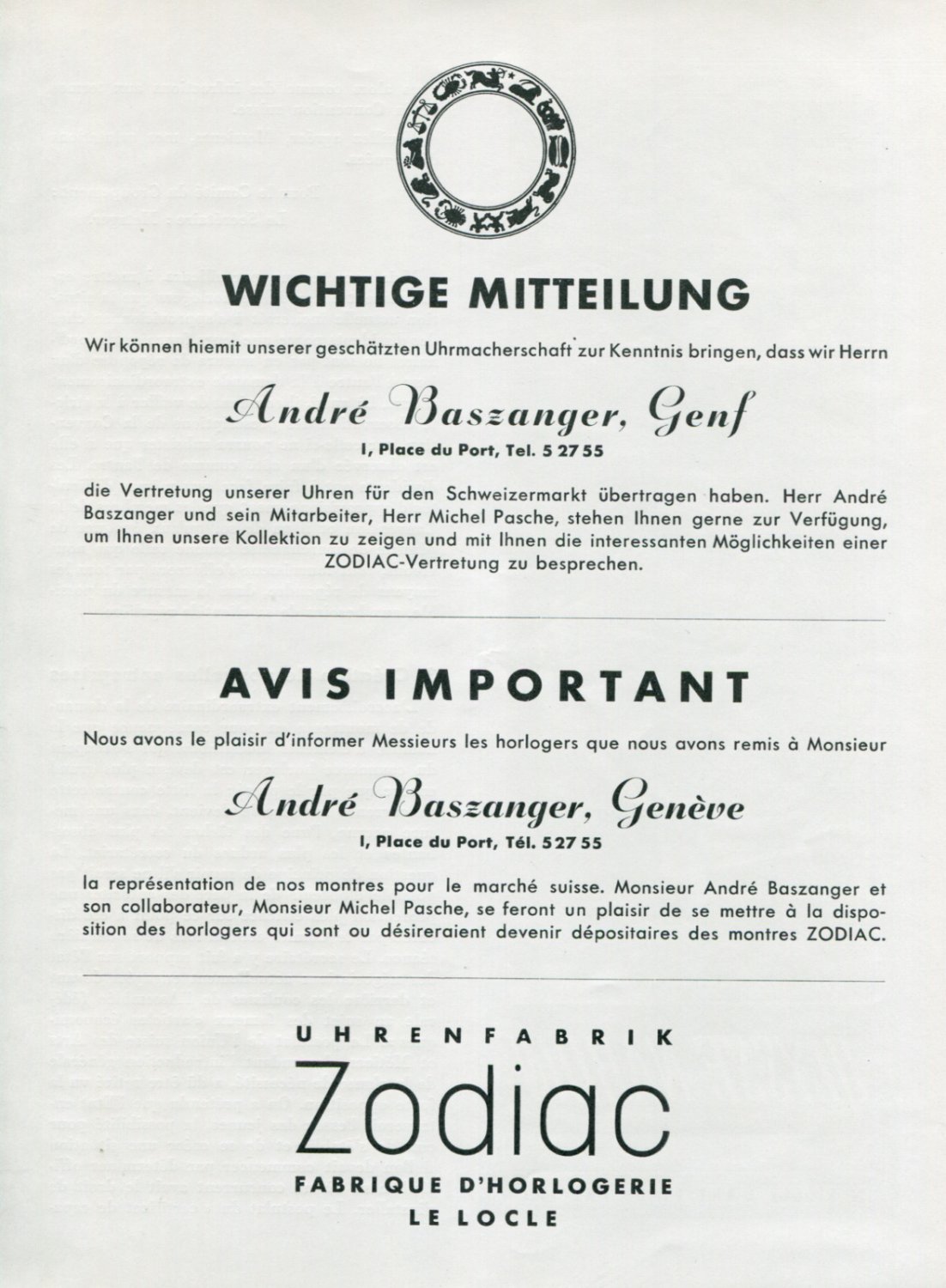 1945 Zodiac Watch Company Andre Baszanger 1940's Swiss Print Ad Publicite Suisse Schweiz