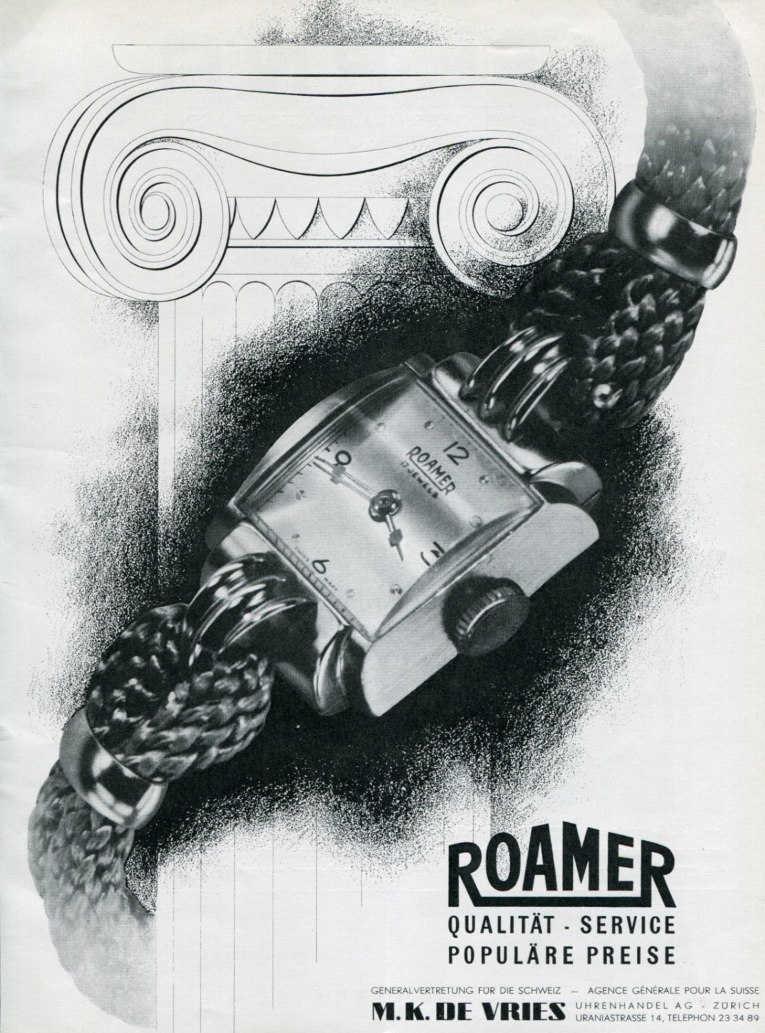 1946 Roamer Watch Company Original 1940's Swiss Print Publicite Suisse Schweiz