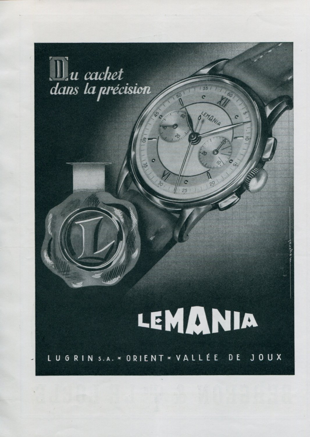 1945 Lemania Lugrin S.A. Watch Company Vintage Swiss Print Ad Publicite Suisse Montres Schweiz