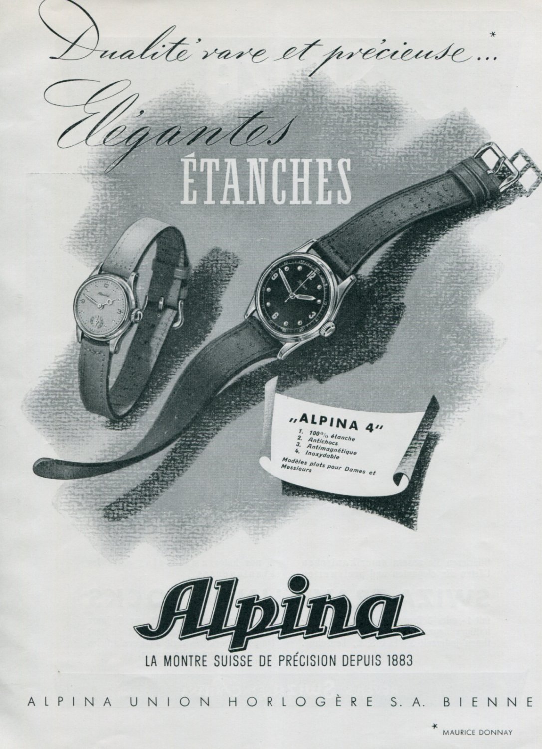 1945 Alpina Union Horlogere S.A. Switzerland Swiss Print Ad Publicite Suisse Montres