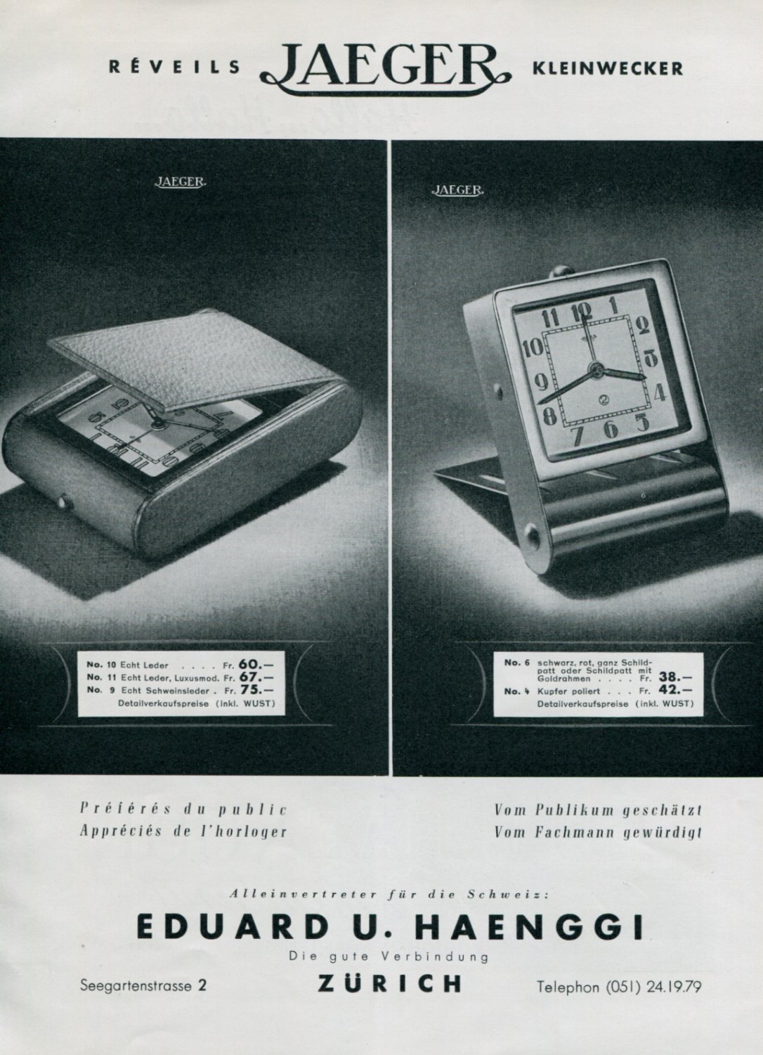 1945 Jaeger Clock Company Switzerland Original 1940's Swiss Print Ad