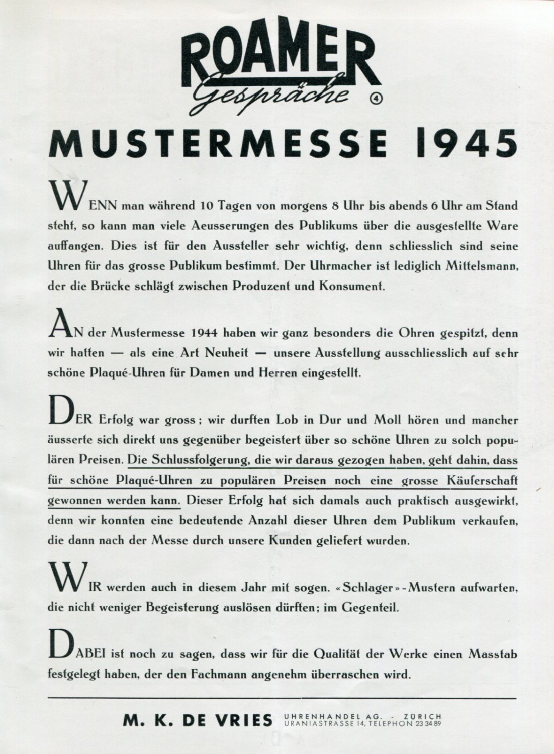 1945 Roamer Watch Company Gesprache Mustermesse Swiss Print Ad Publicite Suisse Schweiz