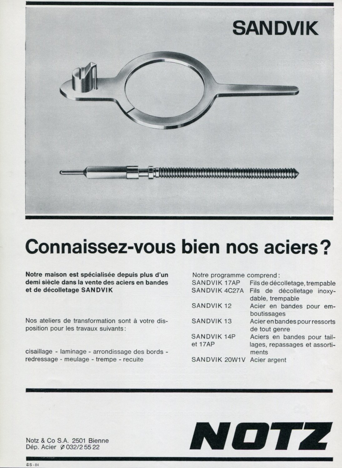 Original 1969 Notz & Co SA Sandvik Switzerland Swiss Print Ad Publicite Suisse Horlogerie