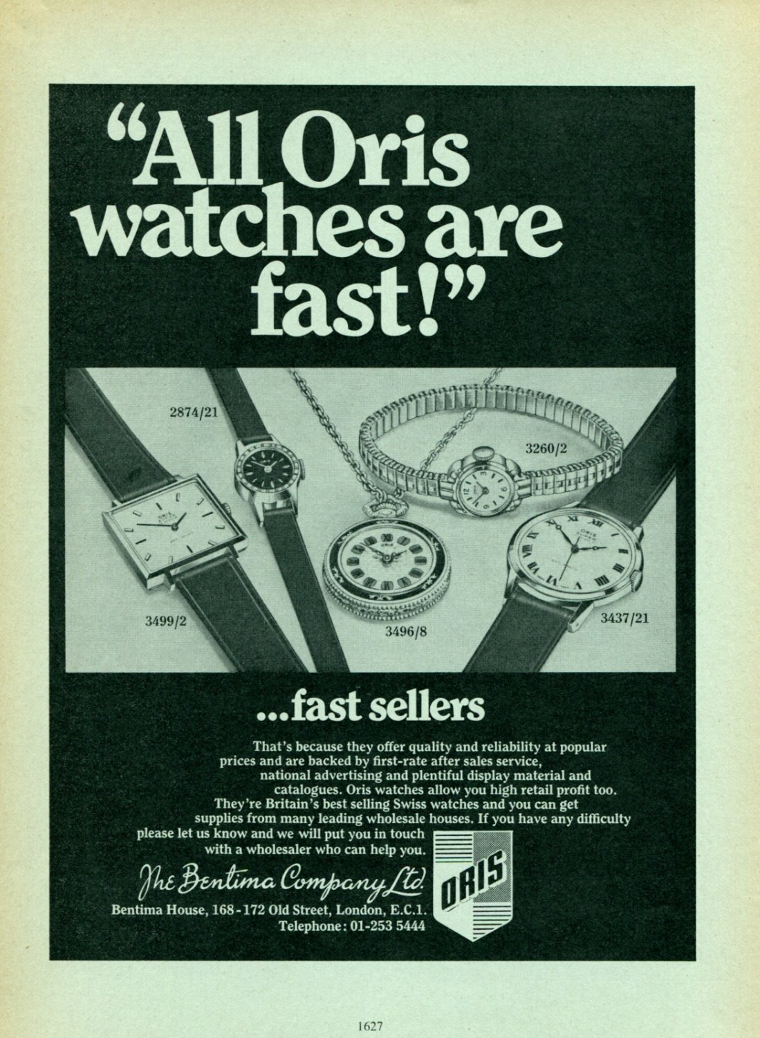 1969 Oris Watch Company Bentima House Swiss Print Ad Publicite