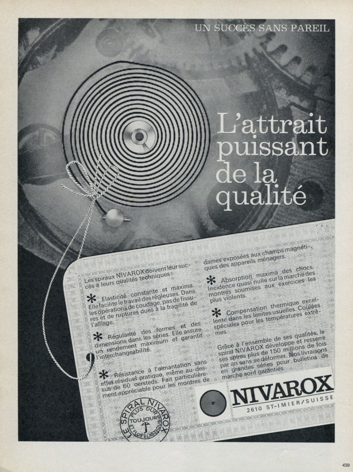 1965  Le Spiral Nivarox Saint-Imier Switzerland Swiss Print Ad Publicite Suisse Schweiz