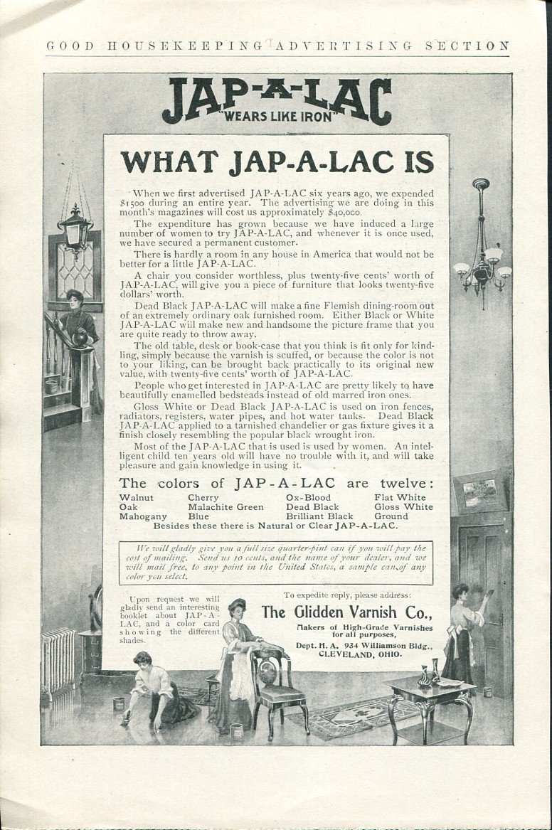 Original 1905 Glidden Varnish Company Cleveland Ohio Jap-A-Lac Early 1900's Magazine Ad Advert
