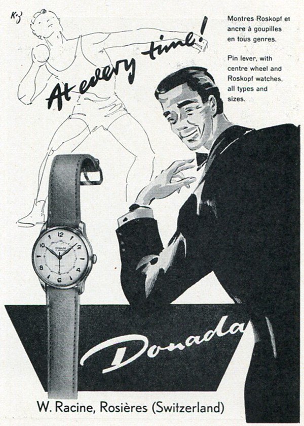 Donada Watch Co W. Racine Switzerland Vintage 1956 Swiss Print Ad Suisse Publicite Montres