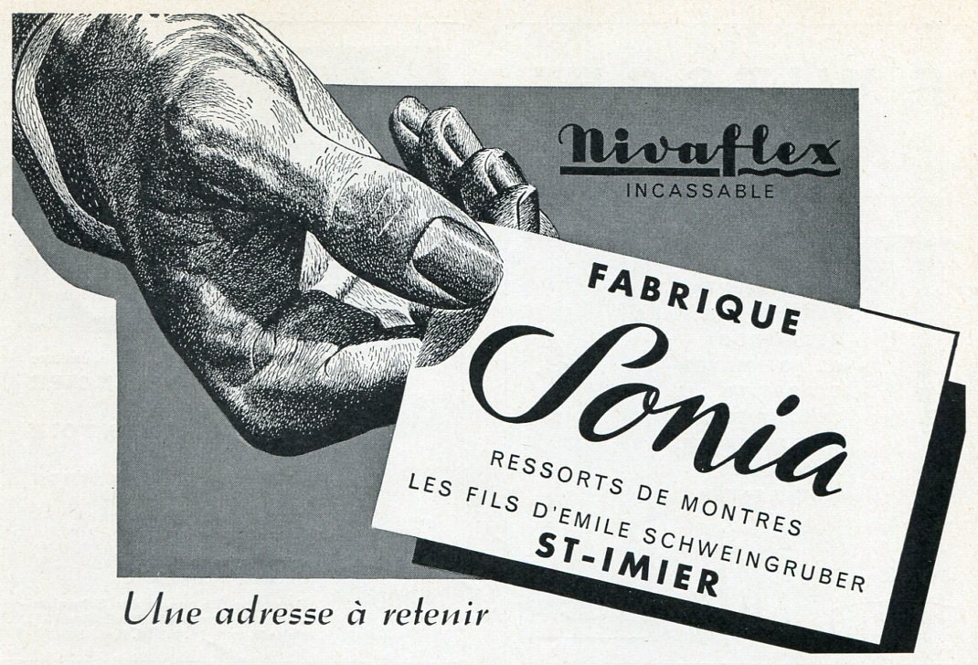 Publicite Nivaflex Sonia Ressorts de Montres D'Emile Schweingruber 1956 Swiss Ad Advert Suisse