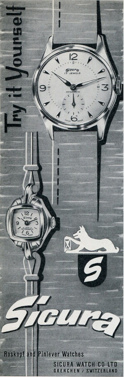 Sicura Watch Co Grenchen Switzerland 1956 Swiss Print Ad Suisse Publicite Montres