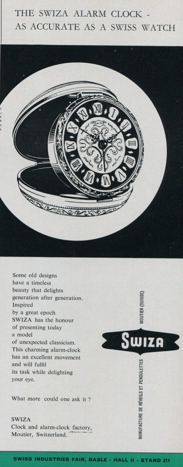 1960 Swiza Clock Company Moutier Switzerland Swiss Print Ad Advert Publicite Suisse Schweiz