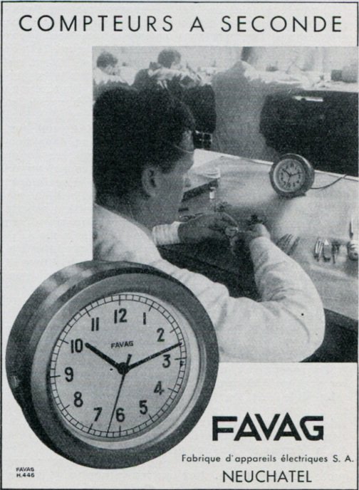 Favag SA Clock Company Neuchatel Switzerland 1947 Swiss Magazine Ad Publicite Suisse Suiza
