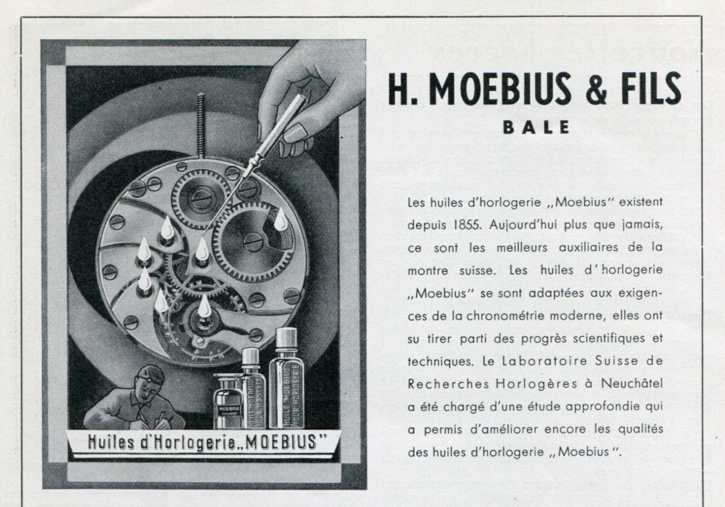 1947 Moebius Watch OilAdvert Vintage Swiss Magazine Ad Publicite Suisse H Moebius & Fils
