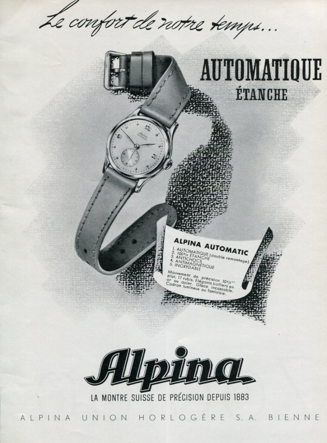 Alpina Union Horlogere SA Switzerland Original 1946 Swiss Print Ad Publicite Suisse Montres