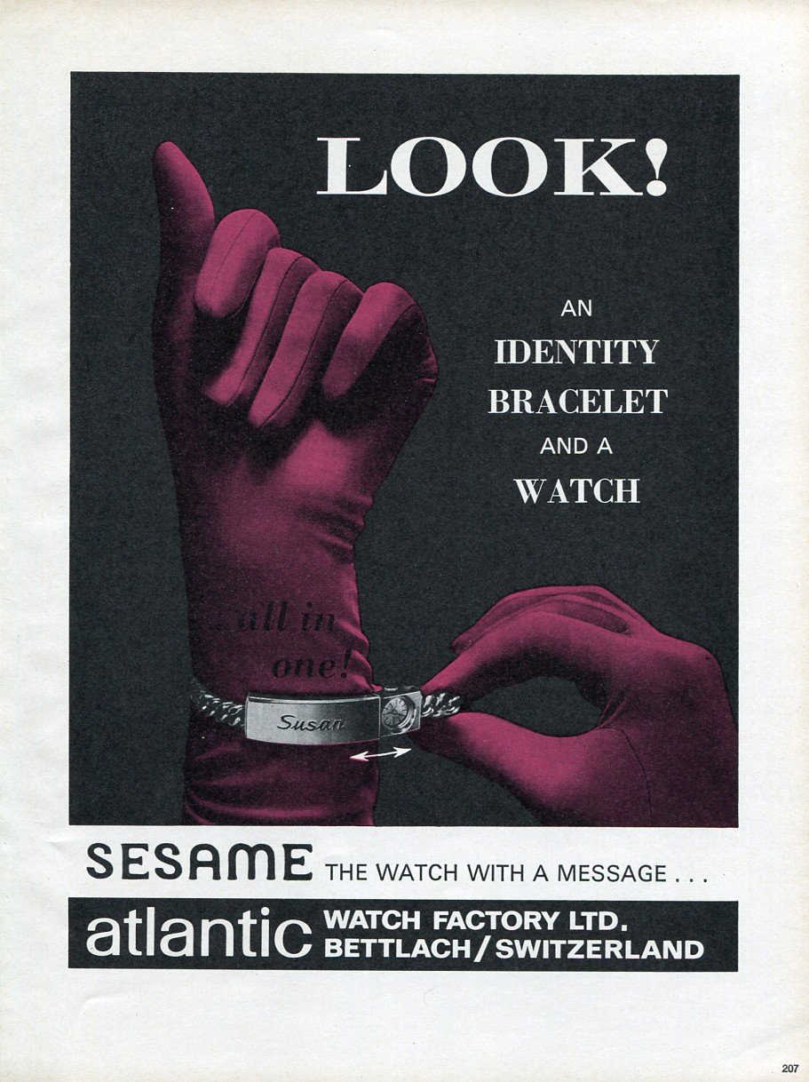 Vintage 1965 Atlantic Watch Co Bettlach Switzerland Swiss Print Ad Publicite Suisse Atlantic Sesame