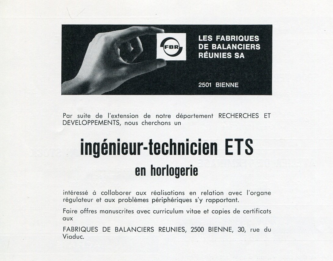 1969 FBR Fabriques de Balanciers Reunies Employment Advert Publicite Suisse Swiss Print Ad