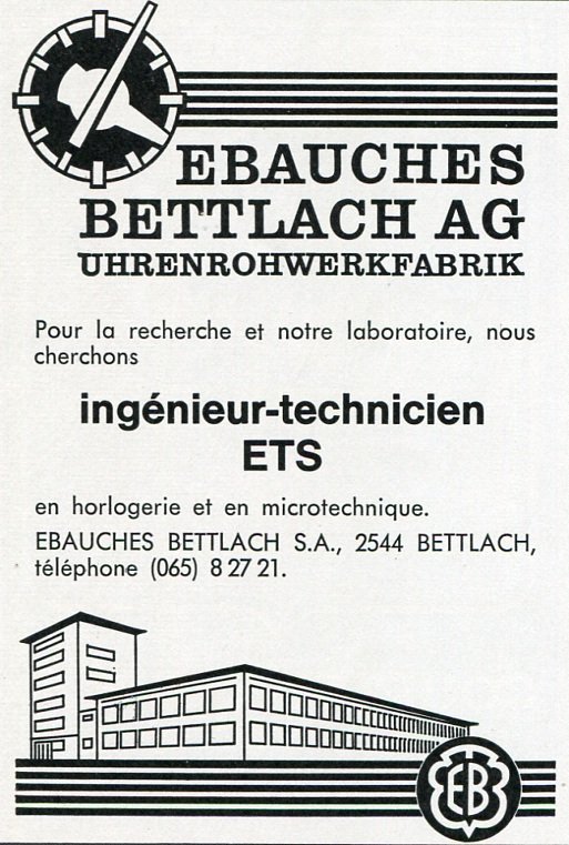 Vintage 1969 Ebauches Bettlach AG Employment Advert Publicite Suisse Schweiz Swiss Print Ad