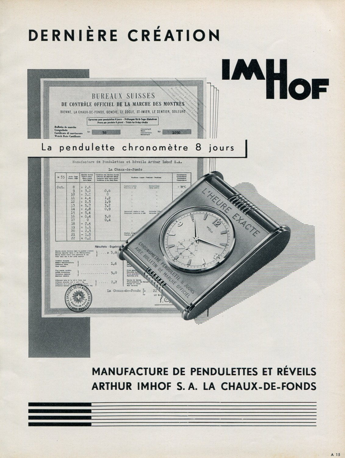 Vintage 1956 Arthur Imhof S.A. Clock Co Publicite Suisse Swiss Print Ad Switzerland