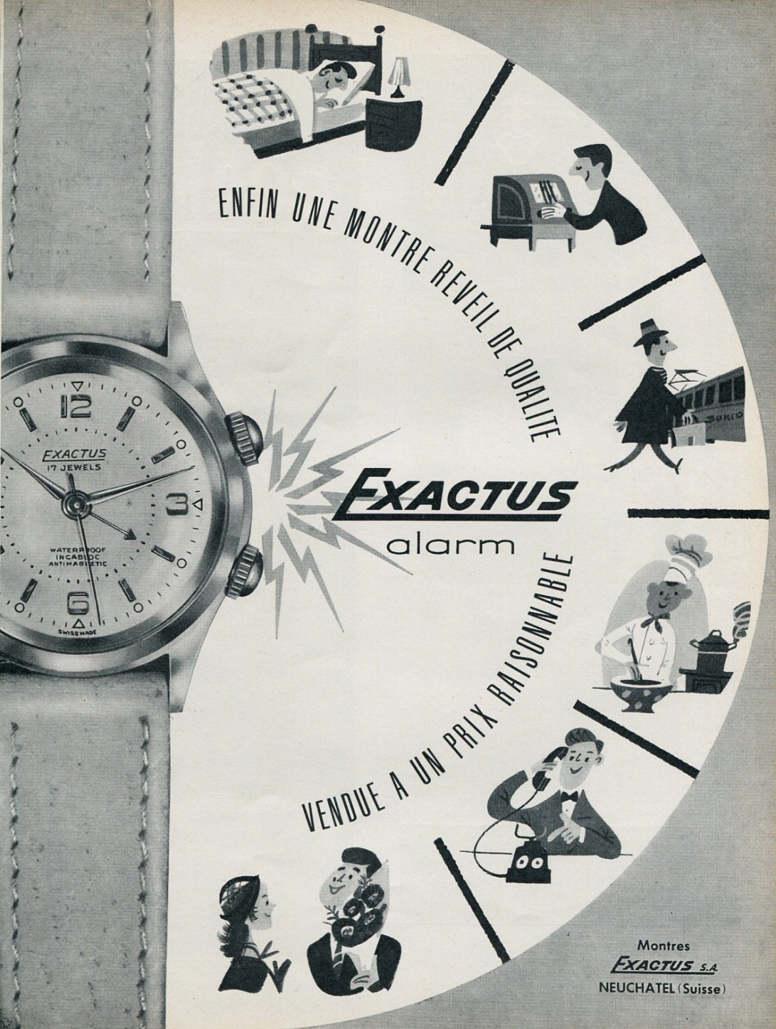 1956 Montres Exactus SA Publicite Suisse Swiss Print Ad Exactus Alarm Wrist Watch Advert