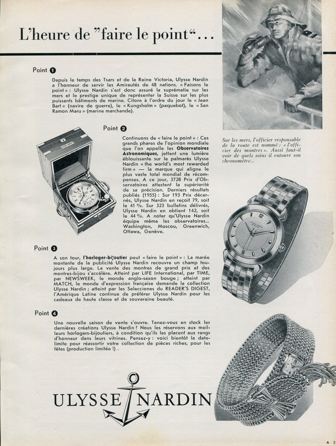 1956 Ulysse Nardin SA Watch Company L'heure de Faire le Point Swiss Print Ad Publicite Suisse