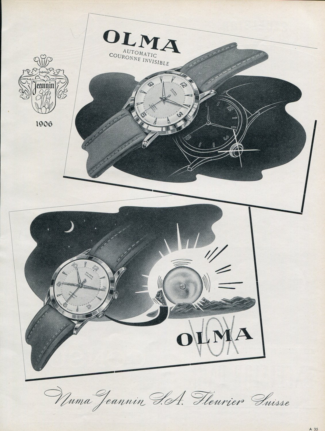 1956 Olma Watch Company Numa Jeanin SA Switzerland Vintage Swiss Print Ad Publicite Suisse Montres