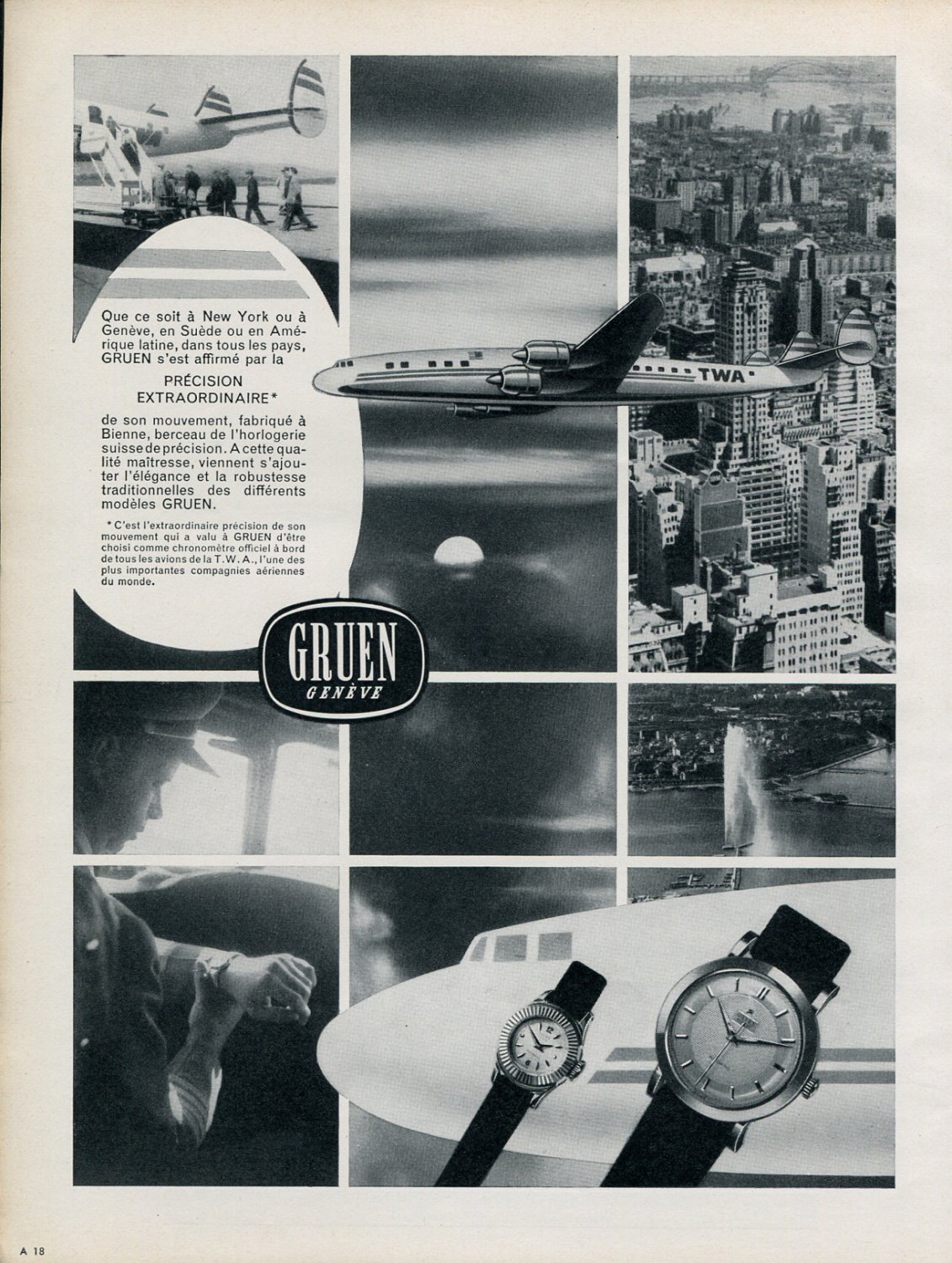 Vintage 1956 Gruen Watch Co Precision Extraordinaire TWA Publicite Suisse Montres Swiss Print Ad