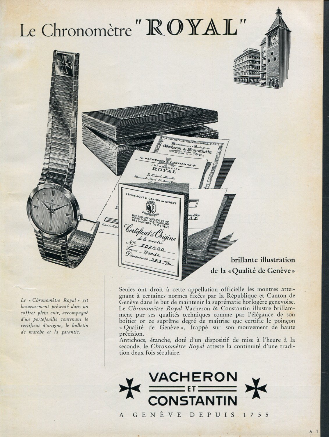 1956 Vacheron Constantin Chronometre Royal Watch Advert Publicite Suisse Montres Swiss Print Ad