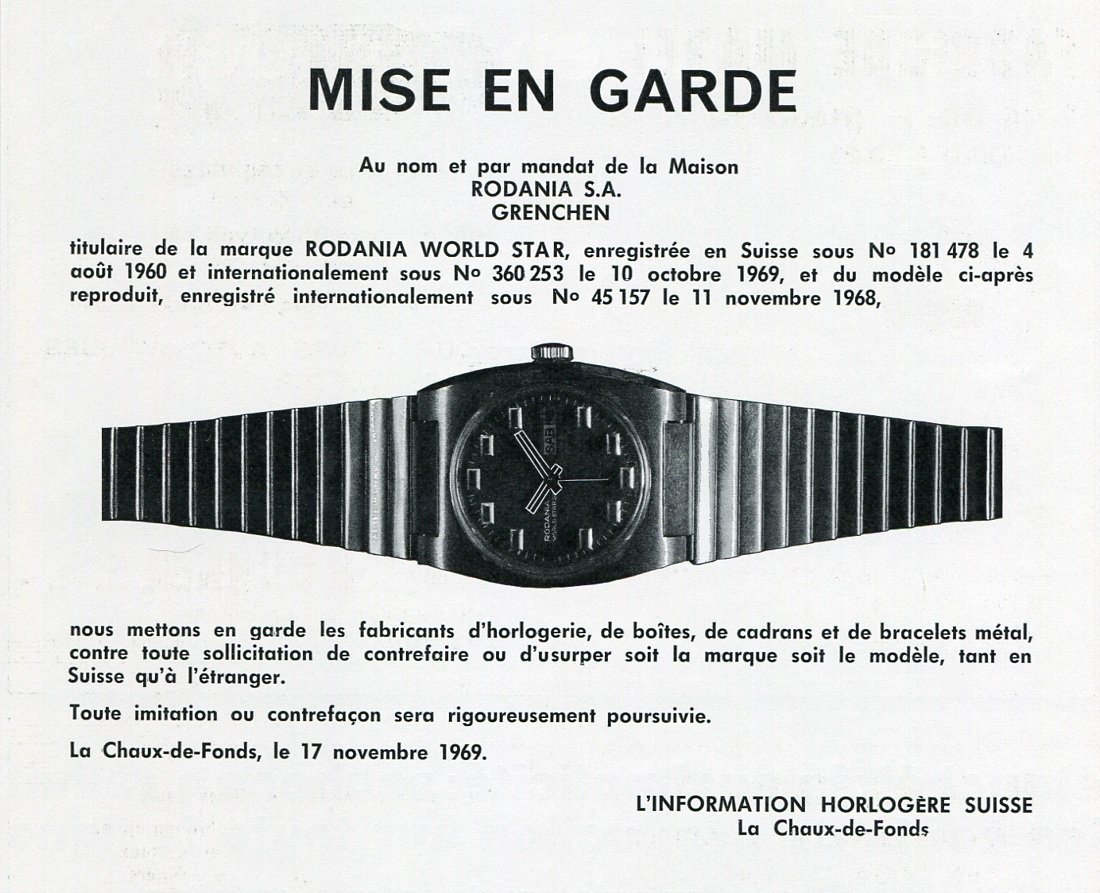 Rodania SA Mise en Garde Publicite Suisse 1969 Swiss Print Ad Rodania World Star Watch Advert
