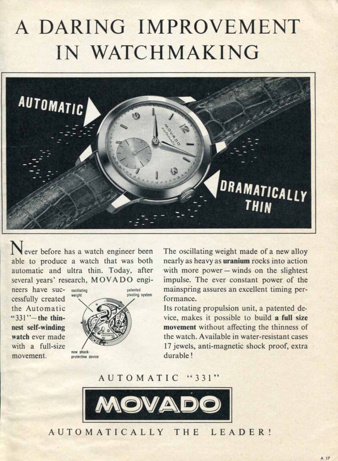 Vintage 1953 Movado A Daring Improvement in Watchmaking Publicite Suisse Montres Swiss Print Ad